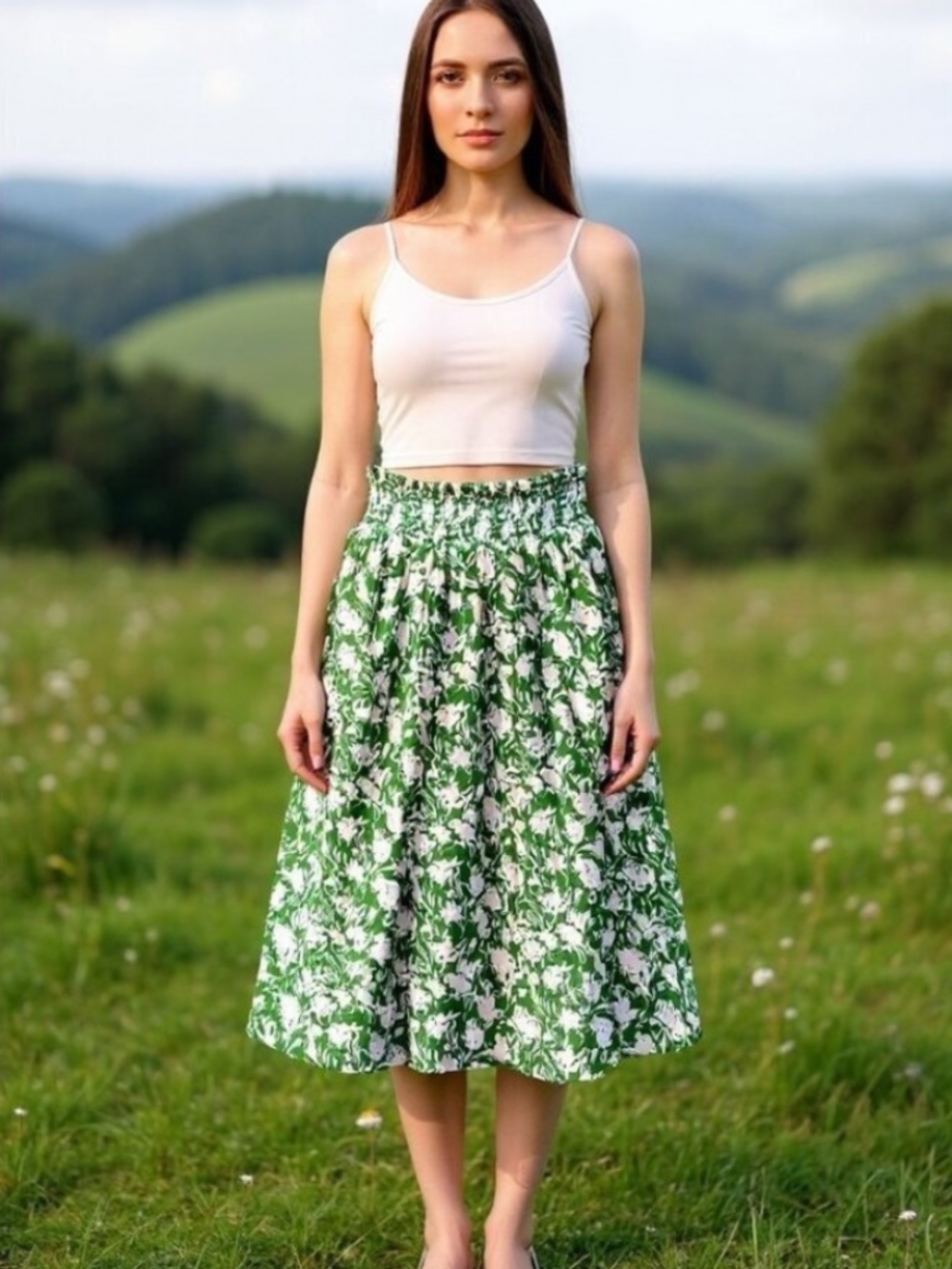 Porridge | Smocked Green and White Floral Midi Skirt